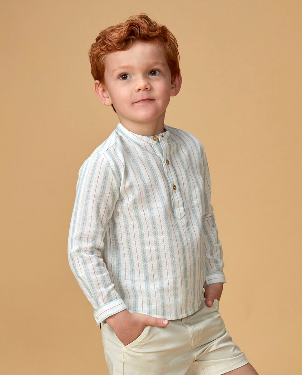 Camisa de Gola à Padre às Riscas Pedra-2