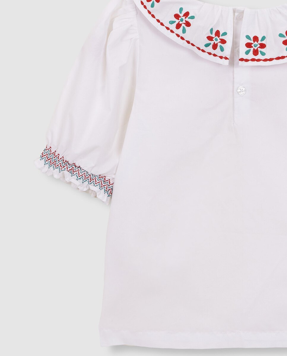 Camisa com Gola com Folho e Bordados Gocco Branco-4