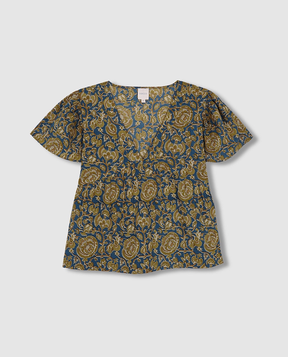 Blusa Estampada com Decote em Bico Gocco Caqui-2