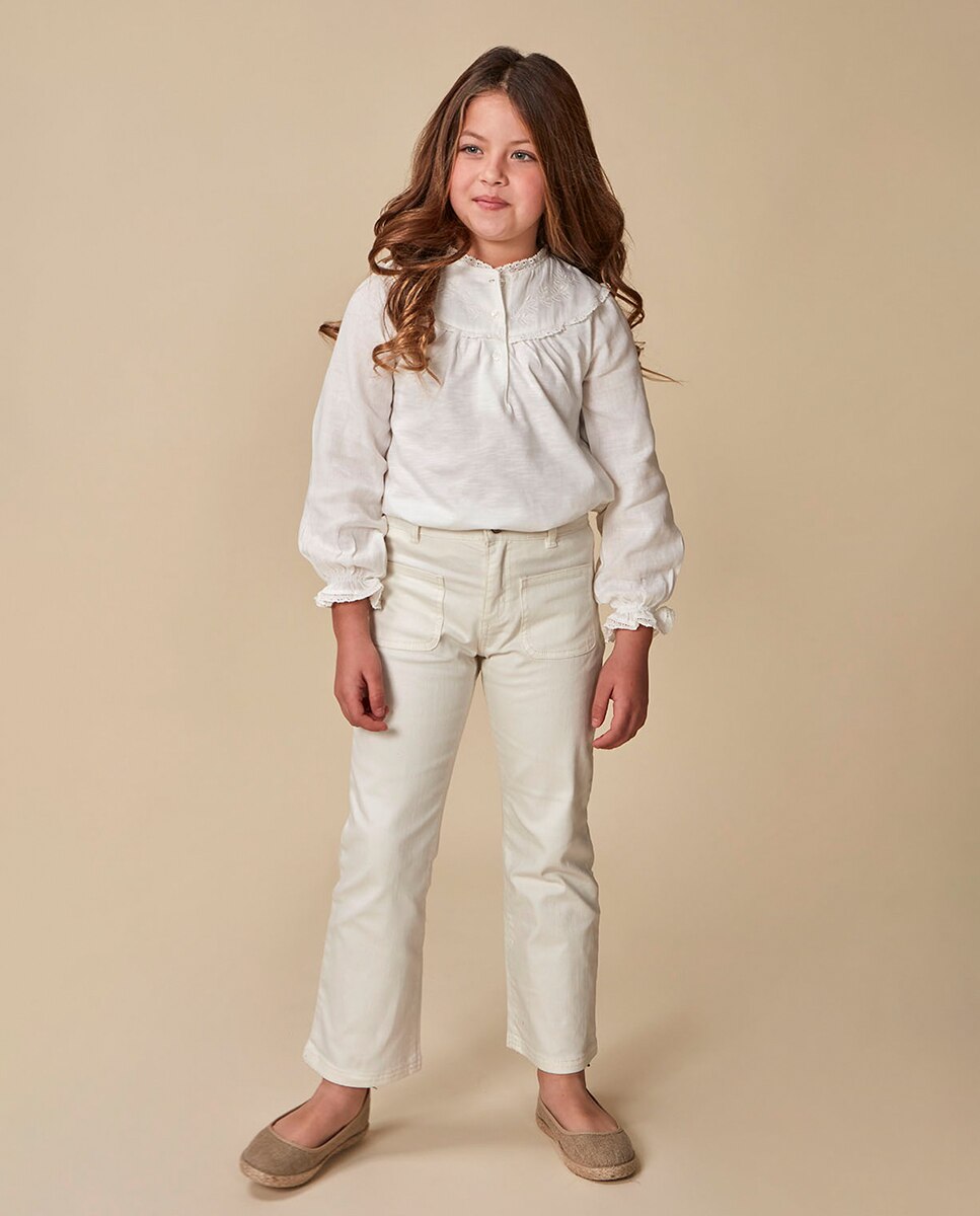 Calças Compridas em Cru com Bolsos Branco-1