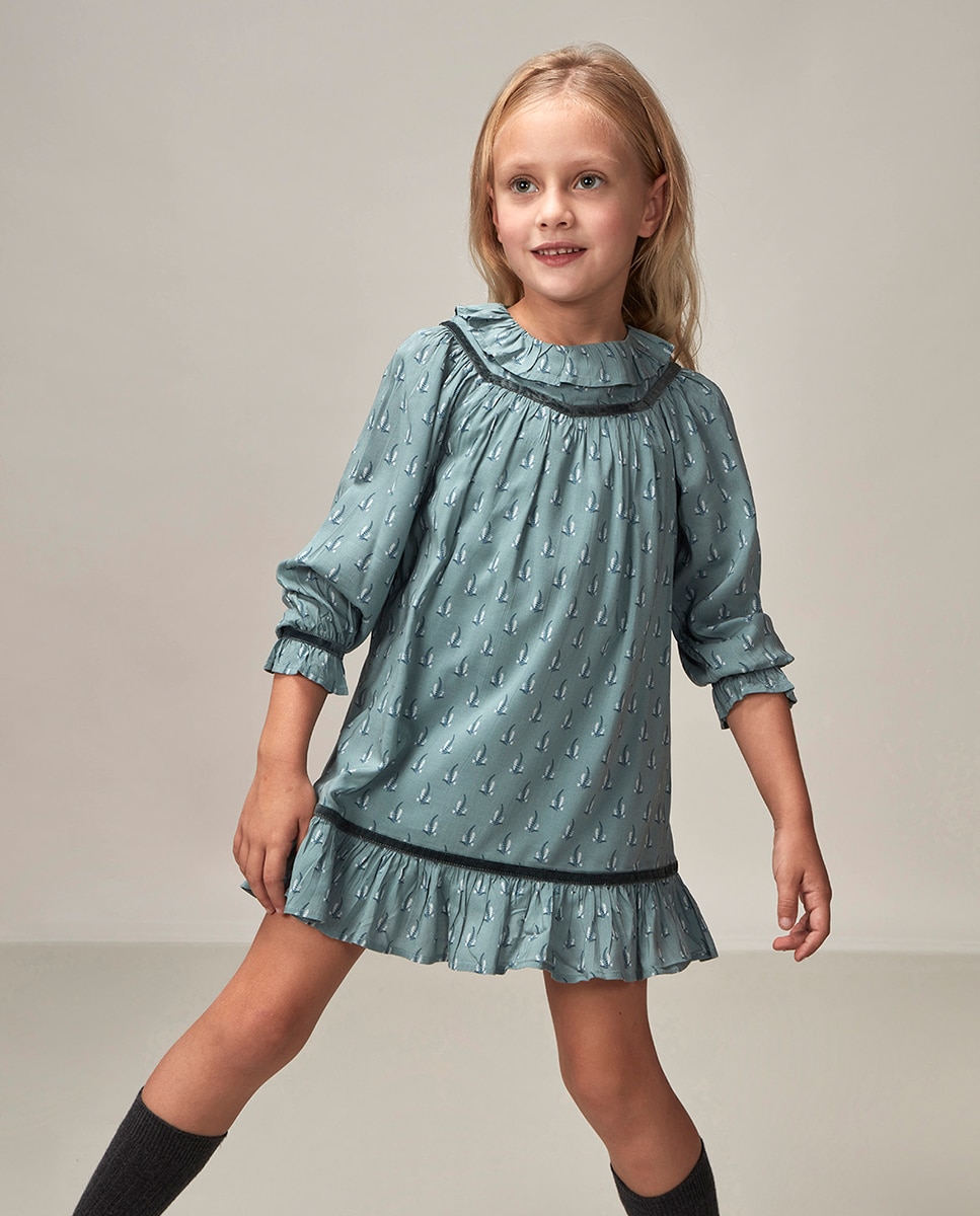 Vestido Estampado com Gola e em Viscose Azul-1