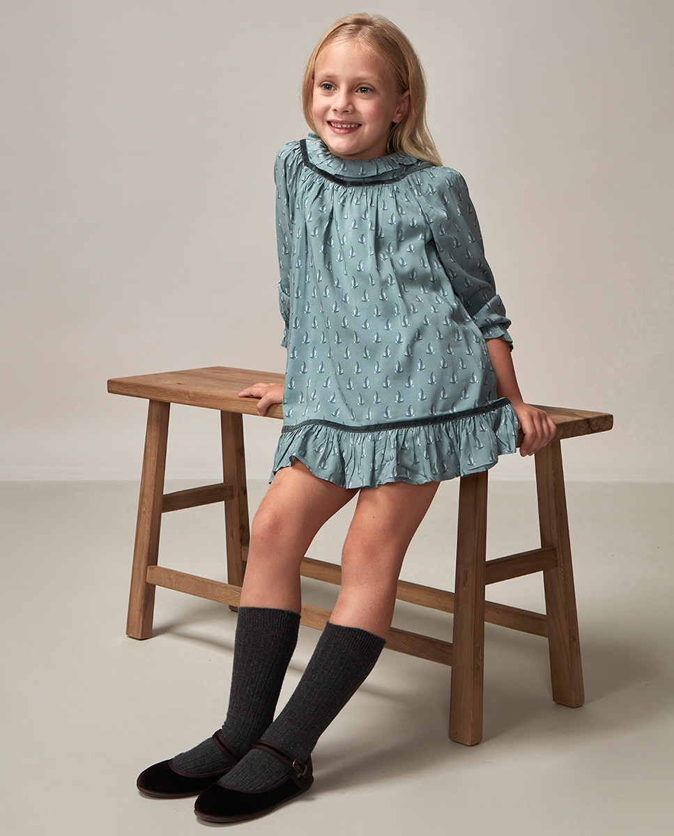Vestido Estampado com Gola e em Viscose Azul-2