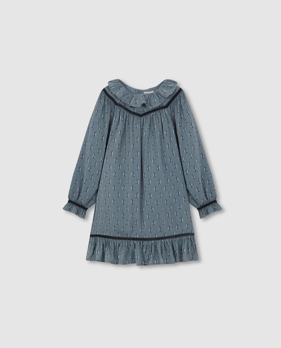 Vestido Estampado com Gola e em Viscose Azul-3