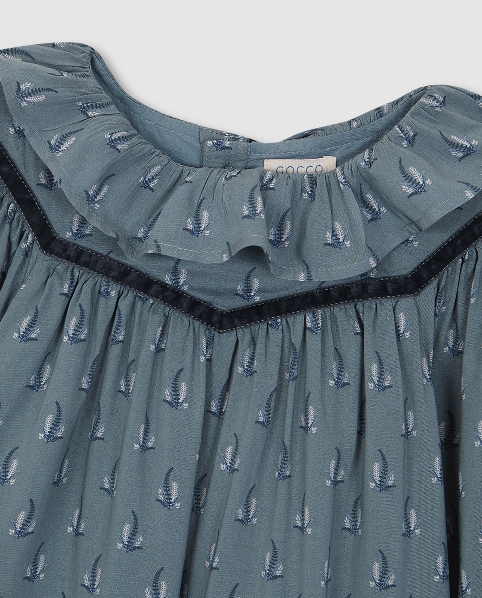 Vestido Estampado com Gola e em Viscose Azul-5