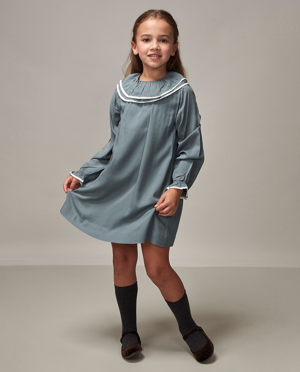 Vestido de Folho Duplo com Tiras Bordadas Gocco Azul-1