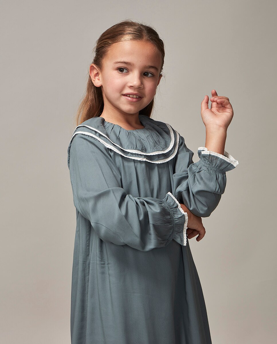 Vestido de Folho Duplo com Tiras Bordadas Gocco Azul-2