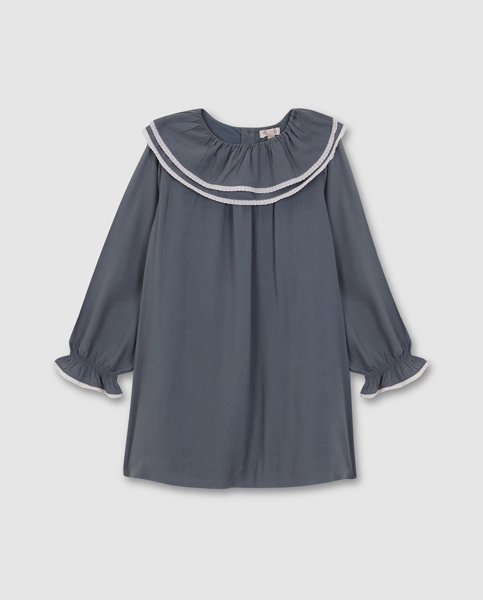 Vestido de Folho Duplo com Tiras Bordadas Gocco Azul-3