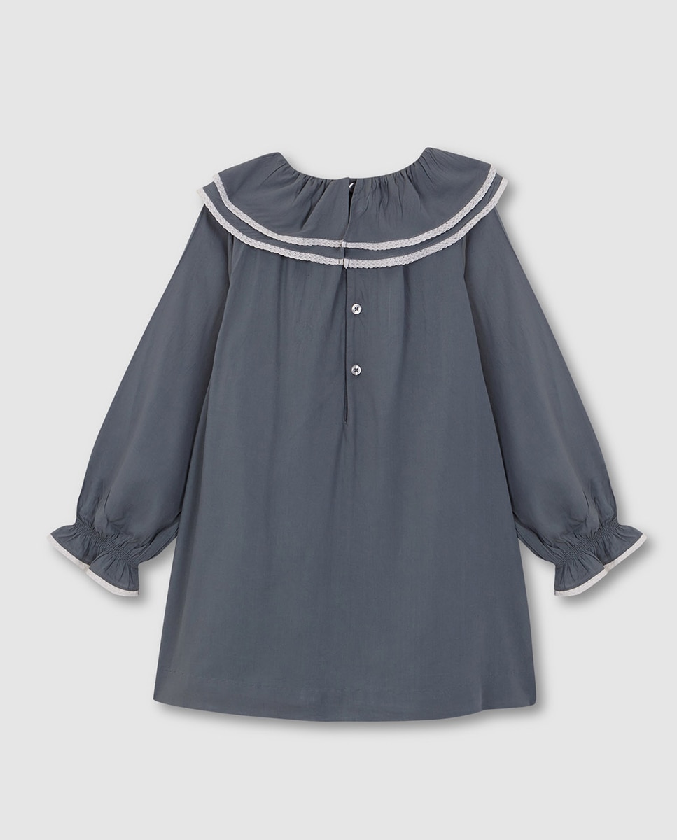 Vestido de Folho Duplo com Tiras Bordadas Gocco Azul-4