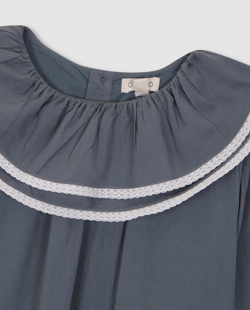 Vestido de Folho Duplo com Tiras Bordadas Gocco Azul-5