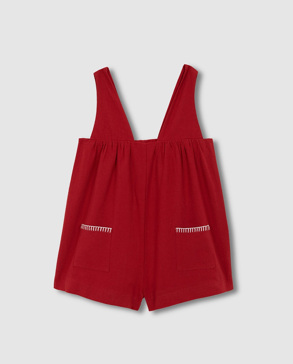 Jardineiras Tipo Calções com Detalhe de Bordados Vermelho-3