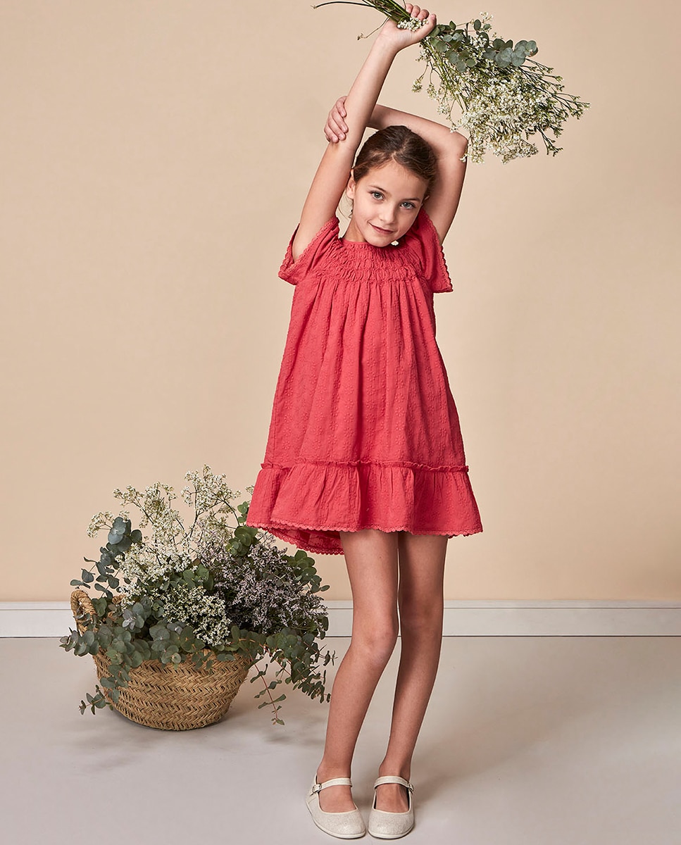 Vestido Favos de Mel com Tiras Bordadas Fúcsia-1