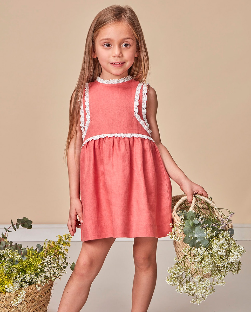 Vestido de Linho com Tiras Bordadas Gocco Rosa-1