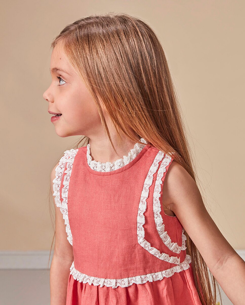 Vestido de Linho com Tiras Bordadas Gocco Rosa-2