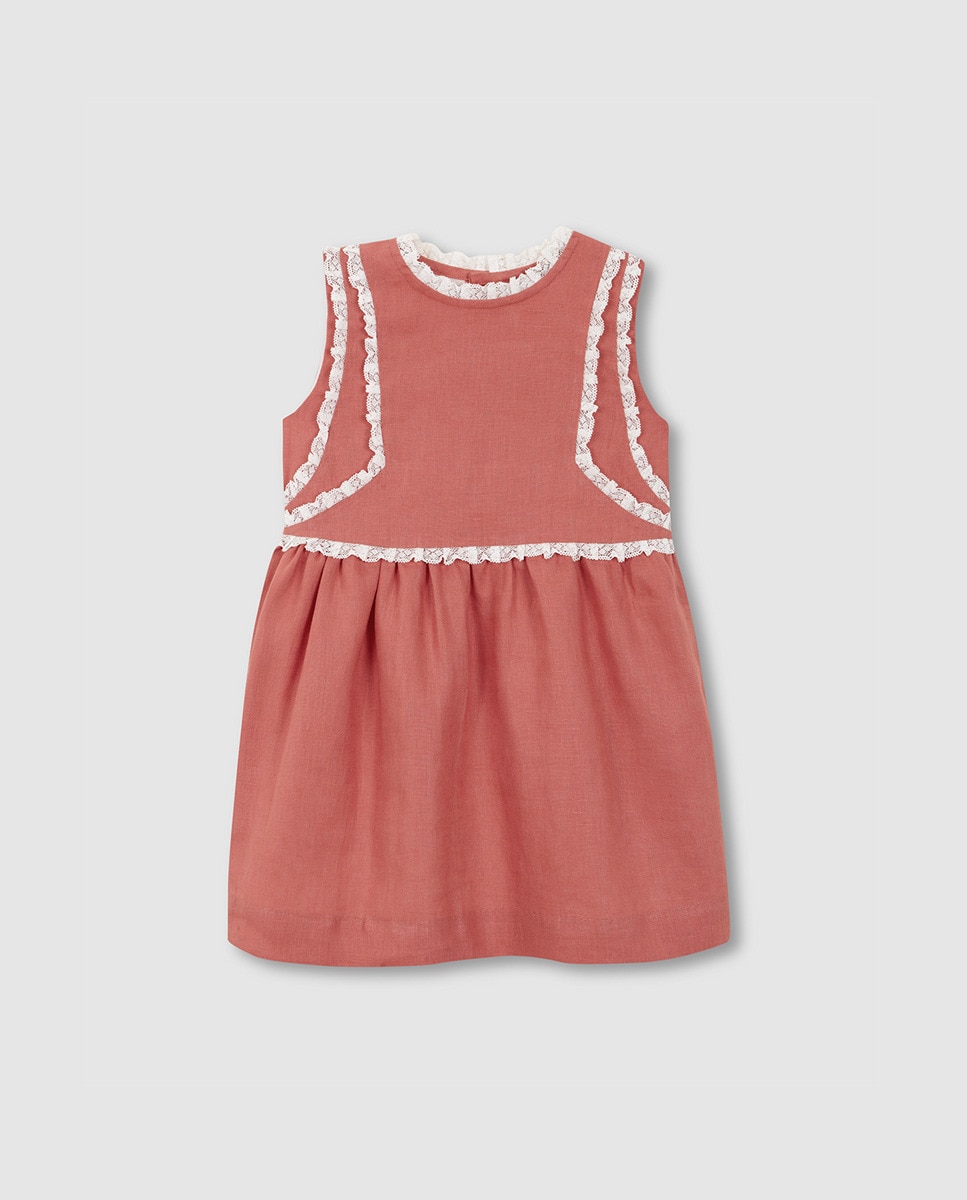 Vestido de Linho com Tiras Bordadas Gocco Rosa-3