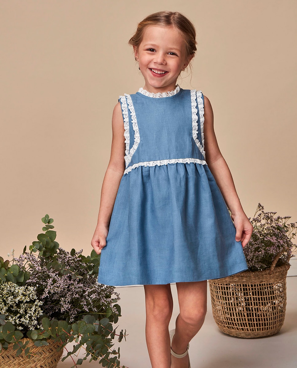 Vestido de Linho com Tiras Bordadas Gocco Azul-claro-1