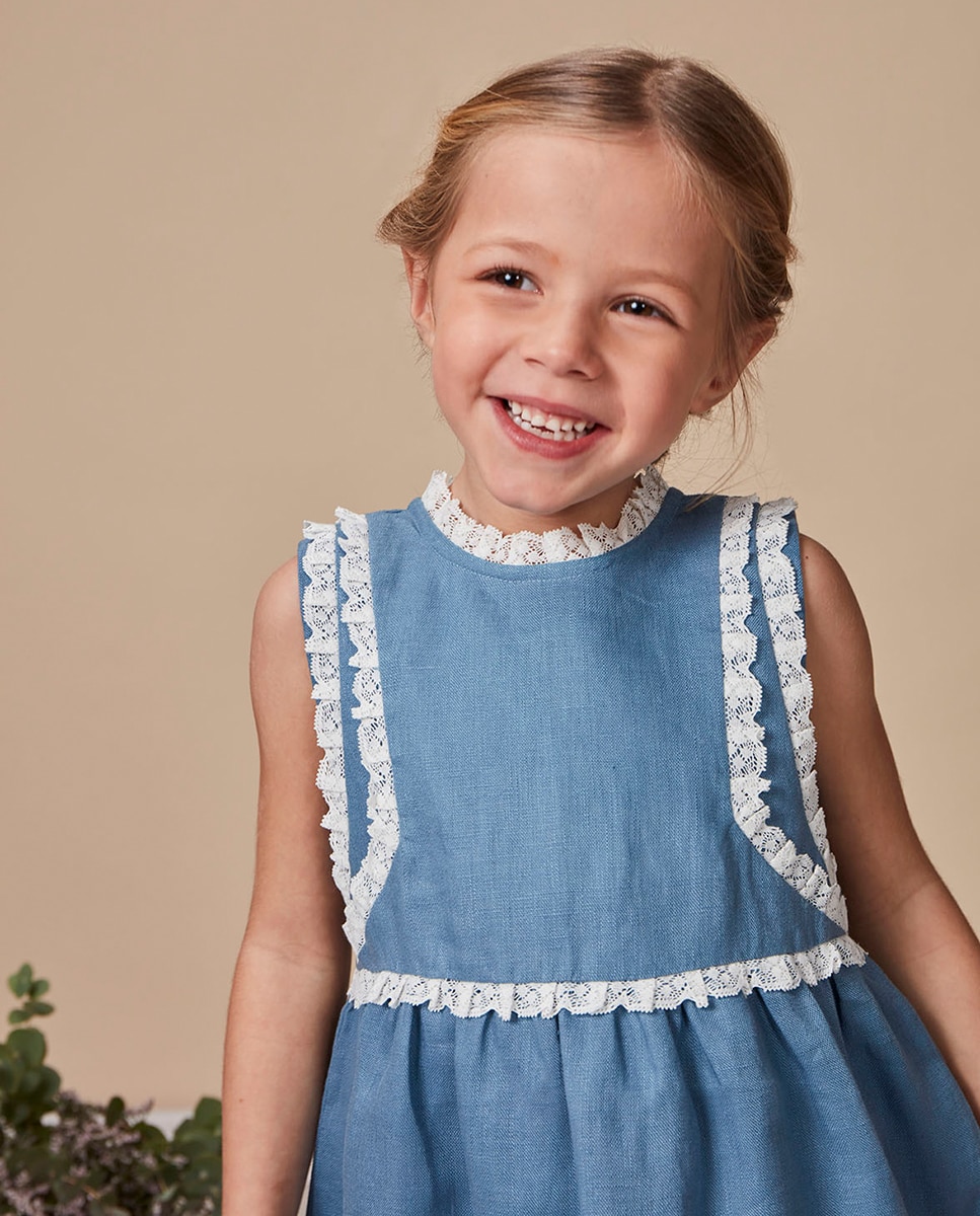 Vestido de Linho com Tiras Bordadas Gocco Azul-claro-2