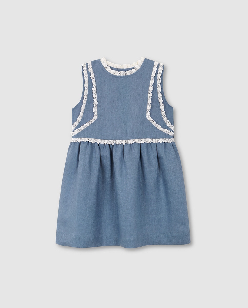 Vestido de Linho com Tiras Bordadas Gocco Azul-claro-3