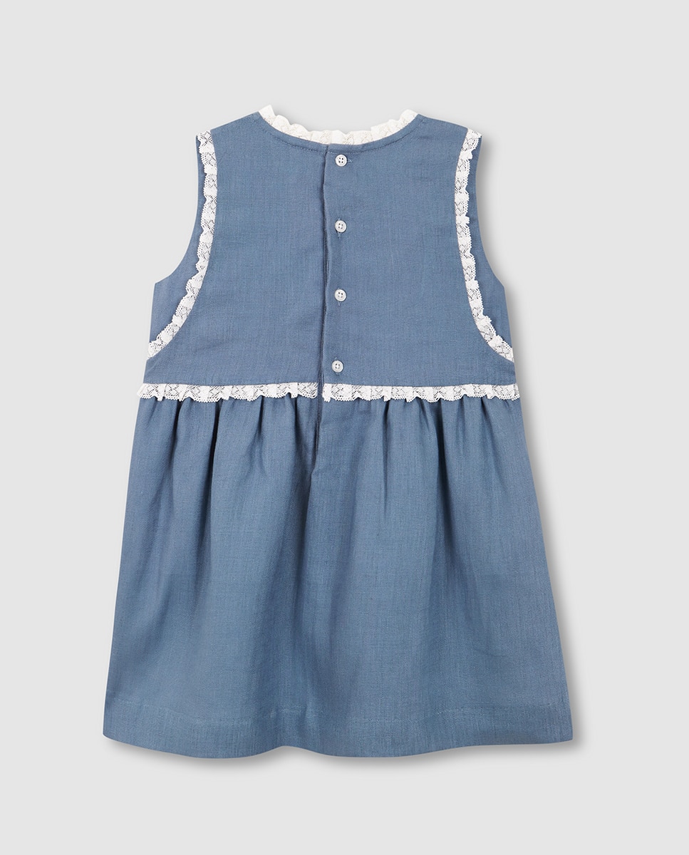 Vestido de Linho com Tiras Bordadas Gocco Azul-claro-4