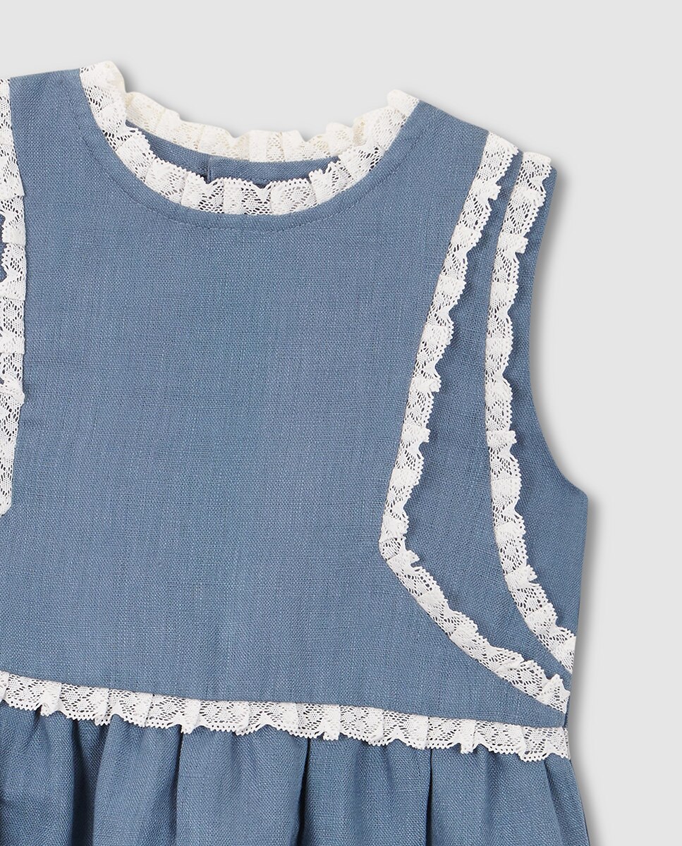 Vestido de Linho com Tiras Bordadas Gocco Azul-claro-5
