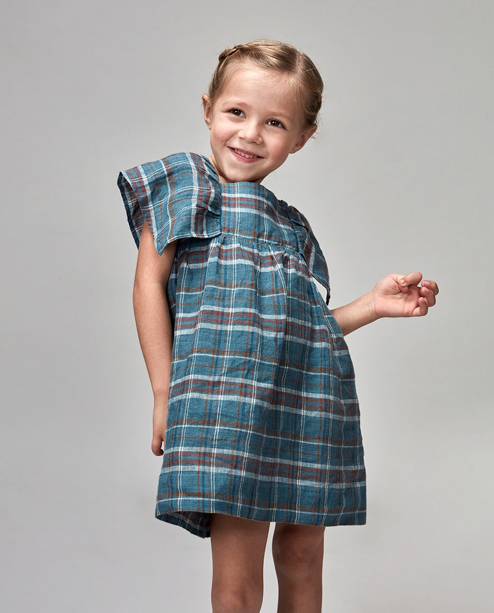 Vestido aos Quadrados com Folhos Gocco Azul-1