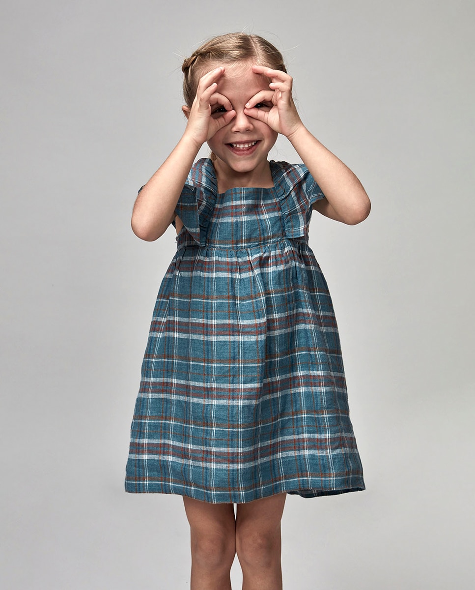 Vestido aos Quadrados com Folhos Gocco Azul-2