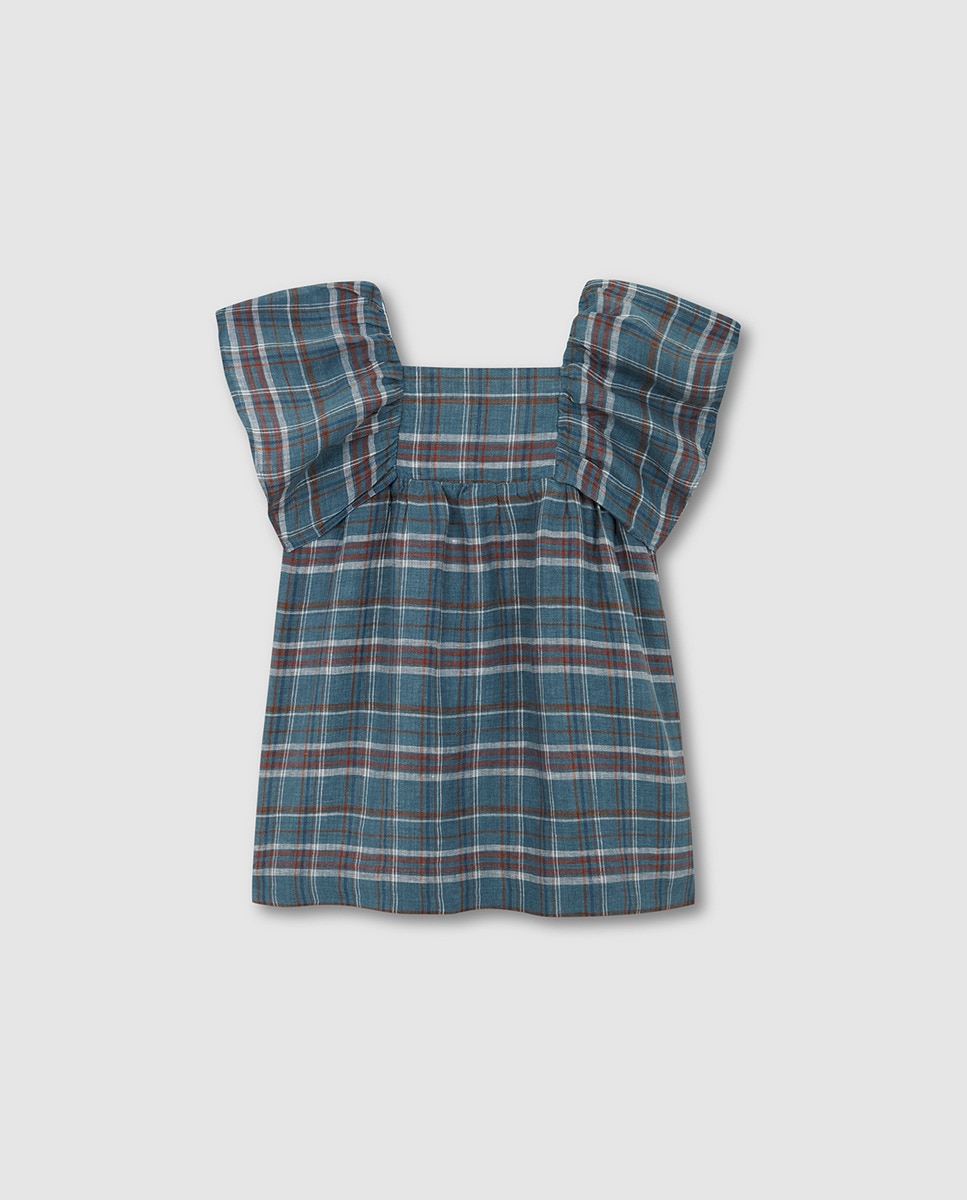 Vestido aos Quadrados com Folhos Gocco Azul-3