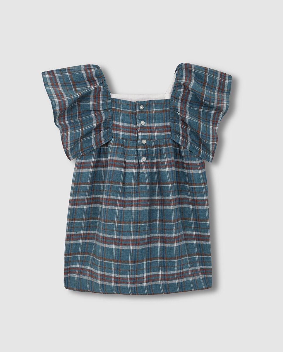 Vestido aos Quadrados com Folhos Gocco Azul-4