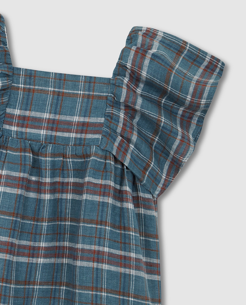 Vestido aos Quadrados com Folhos Gocco Azul-5