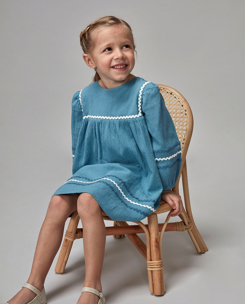 Vestido com Ric Rac em Contraste Azul-1