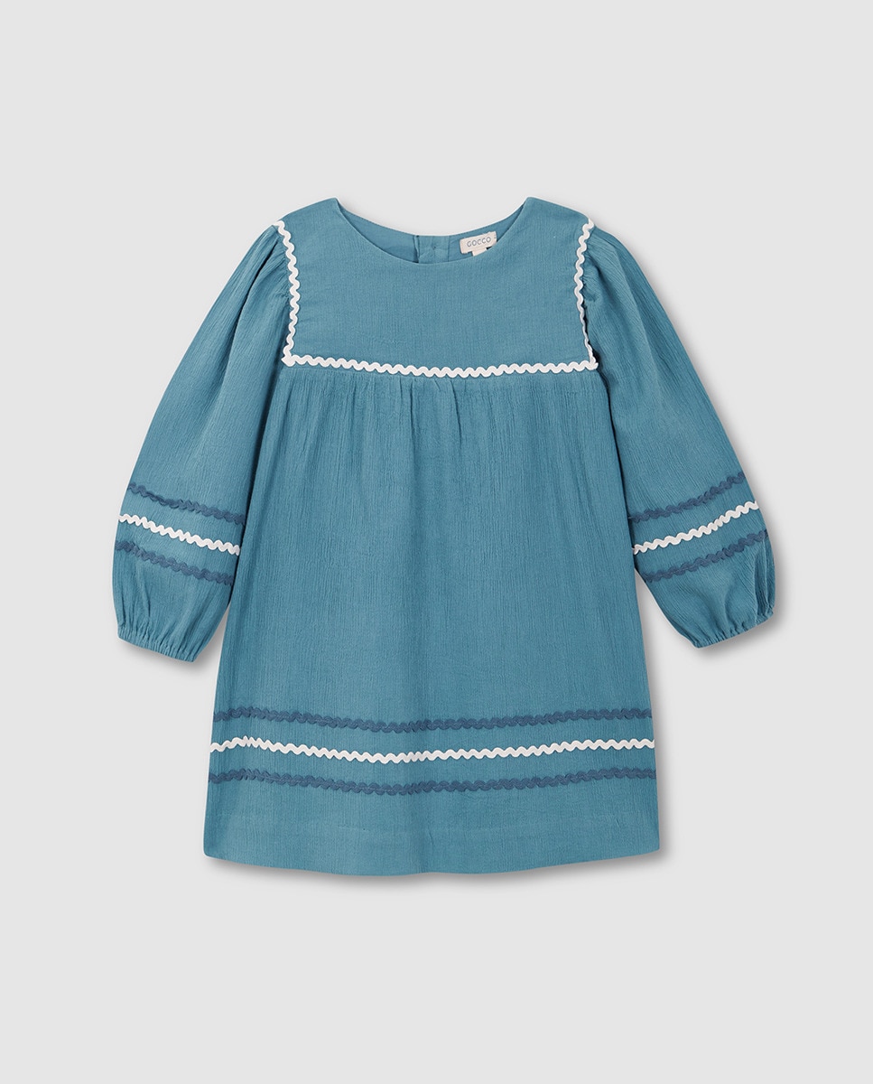 Vestido com Ric Rac em Contraste Azul-3