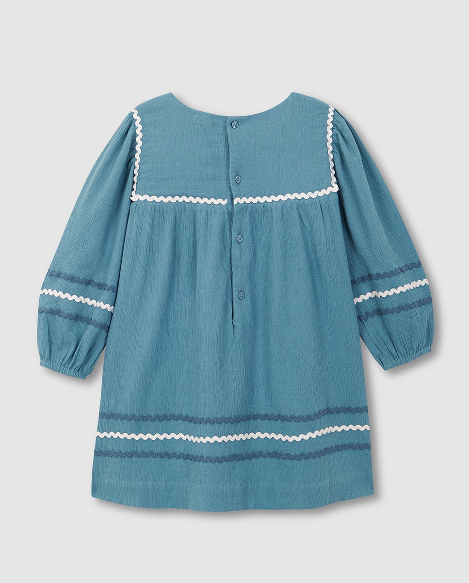 Vestido com Ric Rac em Contraste Azul-4