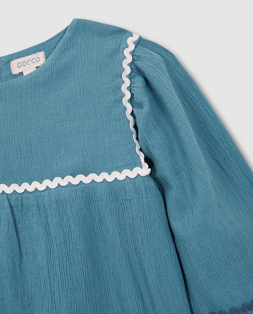 Vestido com Ric Rac em Contraste Azul-5