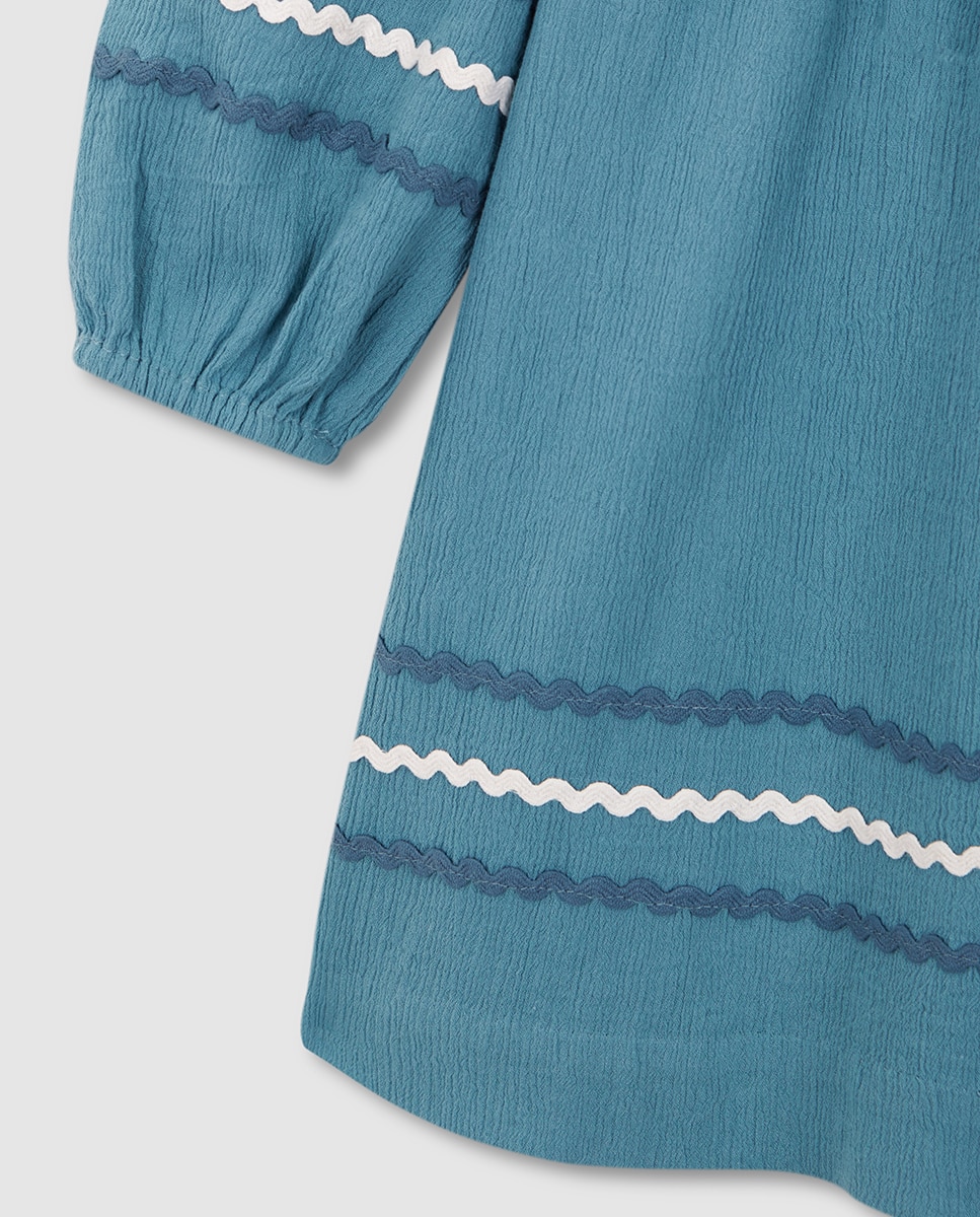 Vestido com Ric Rac em Contraste Azul-6