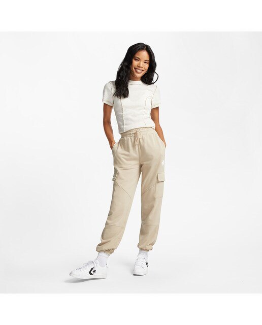 Calças de Mulher Fashion Knit Cargo Bege-3