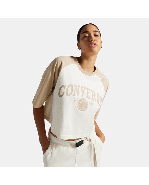 T-shirt de Mulher Retro Cropped Branco / Castanho-2