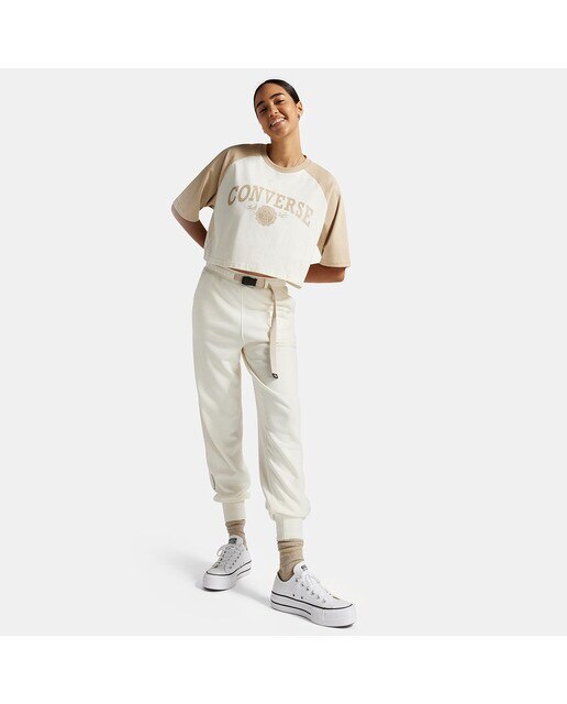 T-shirt de Mulher Retro Cropped Branco / Castanho-3