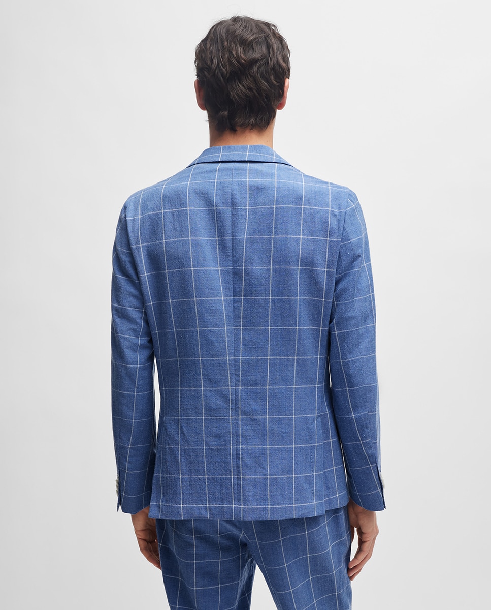 Fato de Duas Peças Slim Fit em Material aos Quadrados Azul-marinho-3