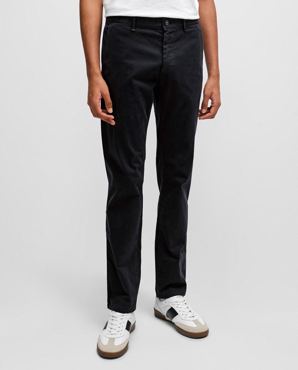 Calças Chino Slim Fit de Cetim de Algodão Elástico Preto-2
