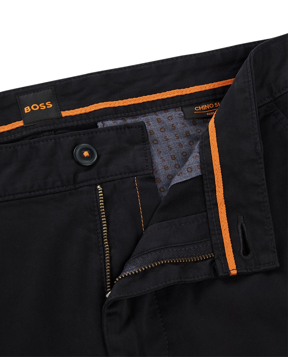 Calças Chino Slim Fit de Cetim de Algodão Elástico Preto-6