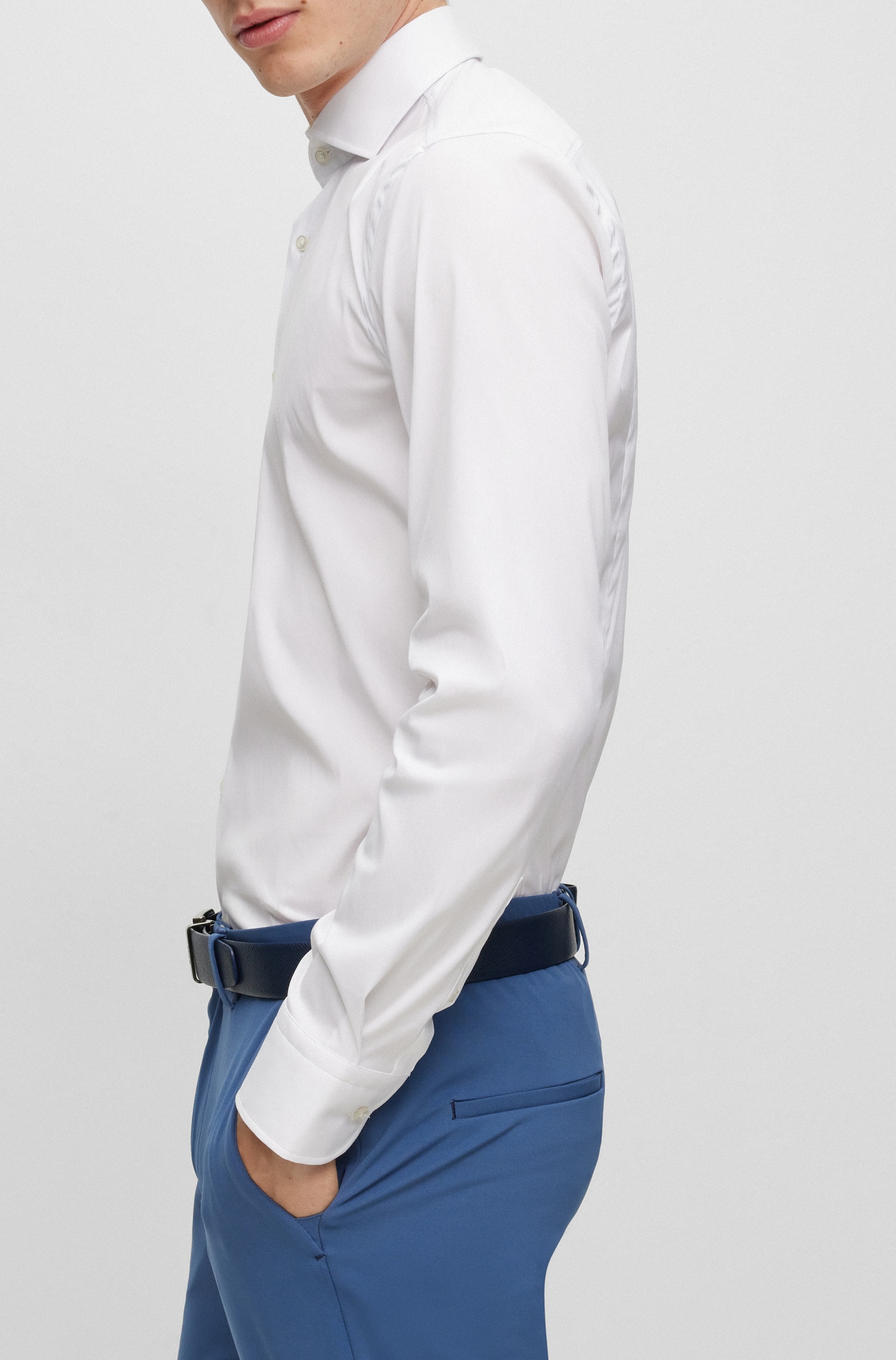 Camisa Slim Fit Fácil de Engomar e em Popelina de Mistura de Algodão Branco-4