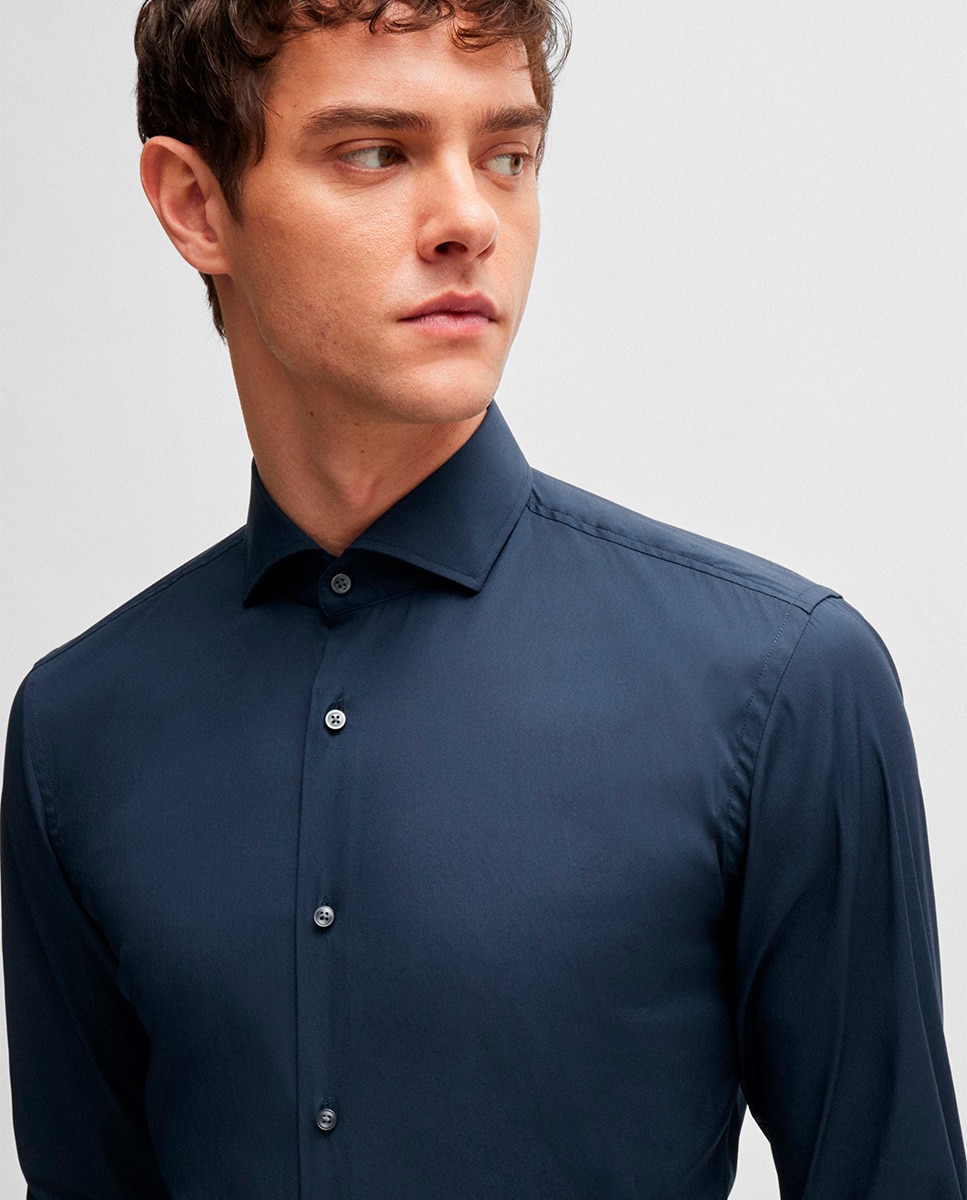 Camisa Slim Fit Fácil de Engomar e em Popelina de Mistura de Algodão Azul-marinho-3