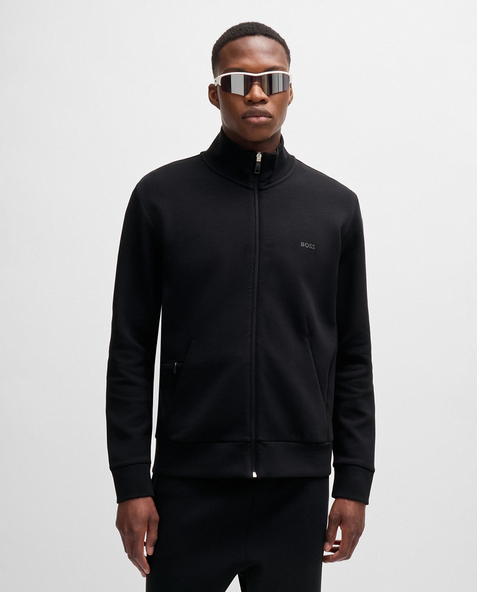 Sweatshirt de Algodão Elástico com Fecho de Correr e Logótipo Estampado Preto-1