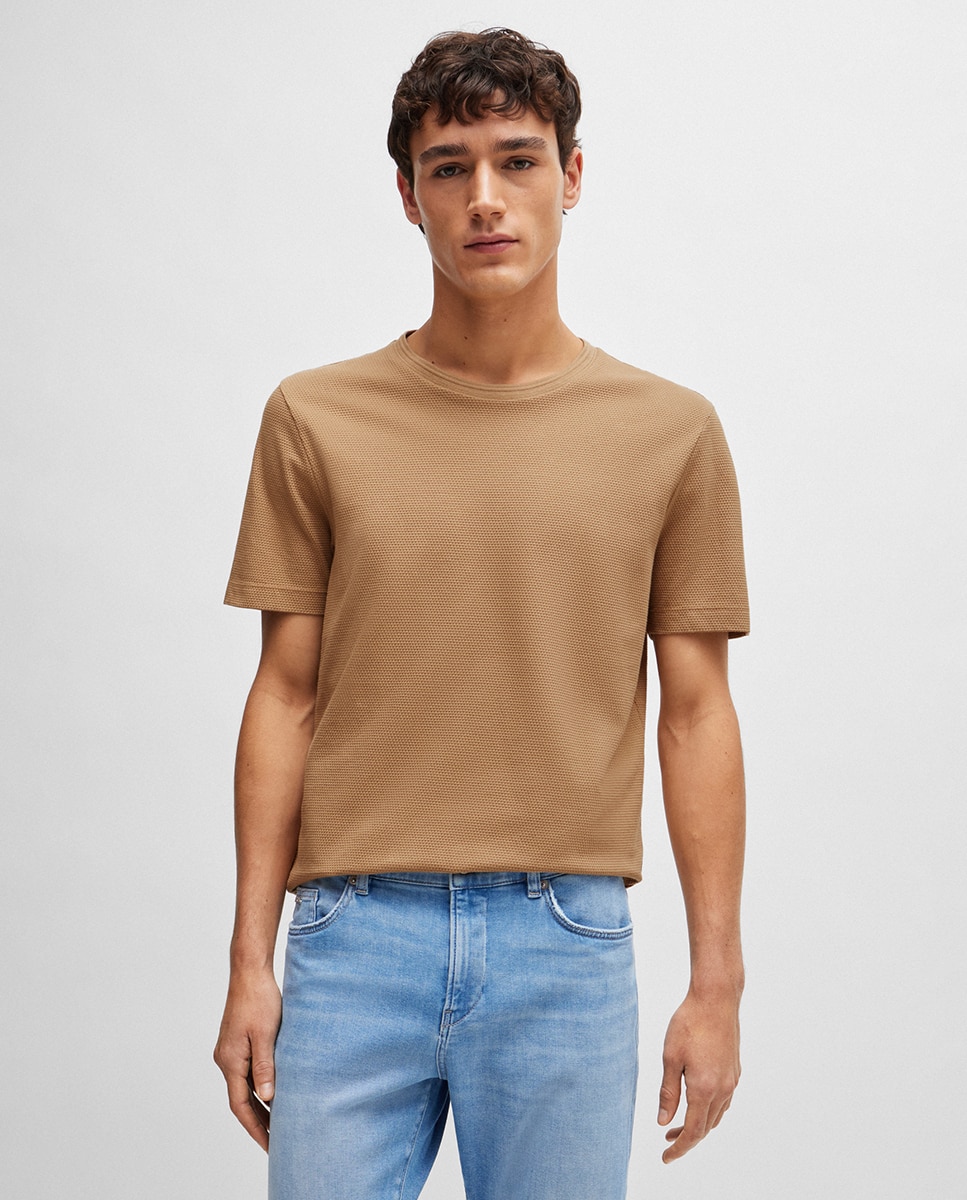 T-shirt em Mistura de Algodão com Estrutura de Jacquard às Bolinhas Castanho-1
