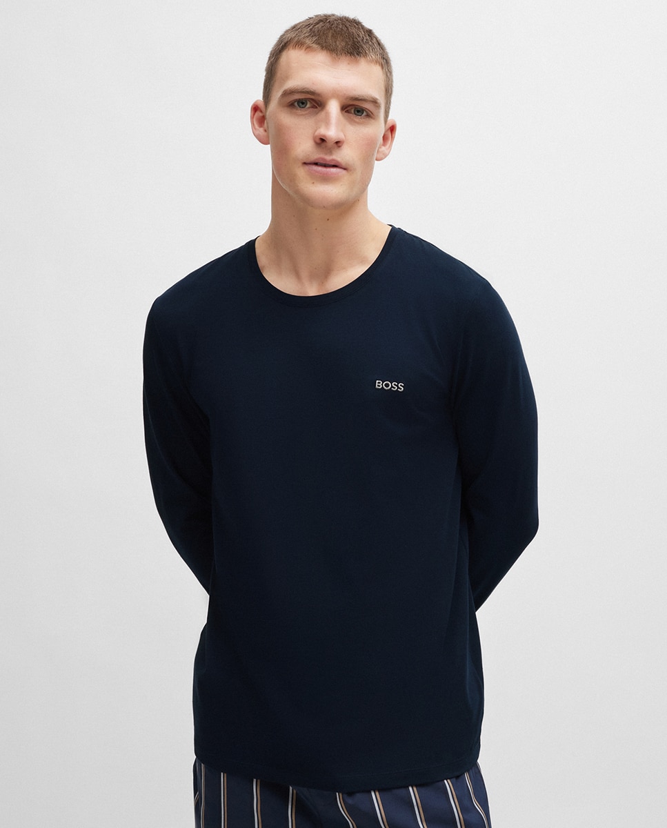 Camisola de Manga Comprida em Algodão Elástico com Detalhe de Logótipo Azul-marinho-1