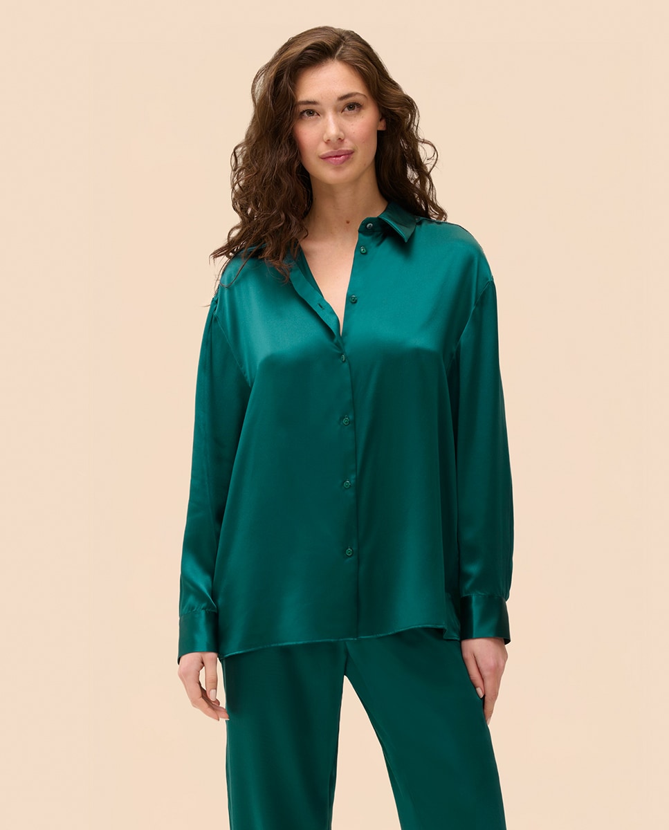Camisola de Pijama de Seda Fluida Verde-escuro-1