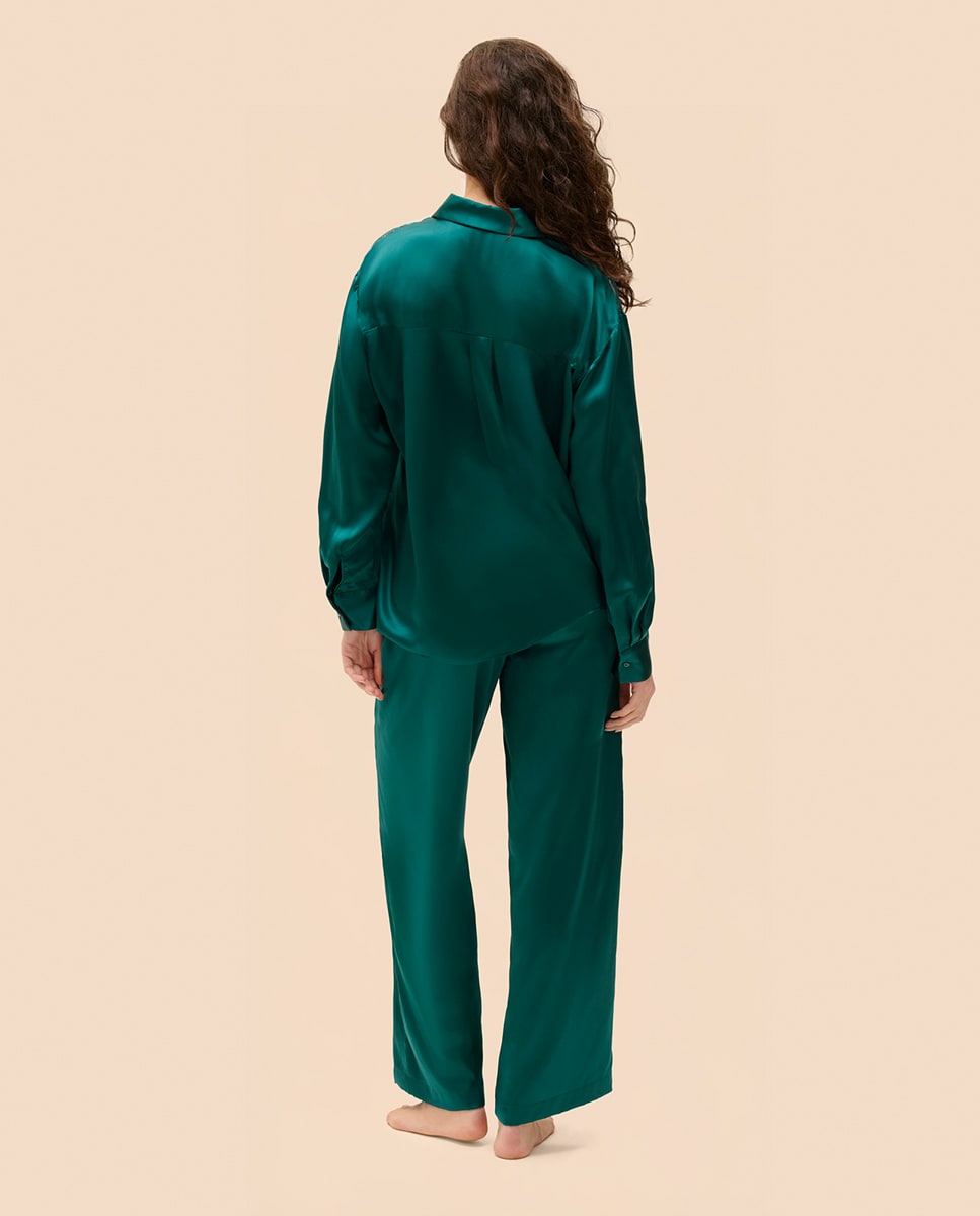 Camisola de Pijama de Seda Fluida Verde-escuro-2