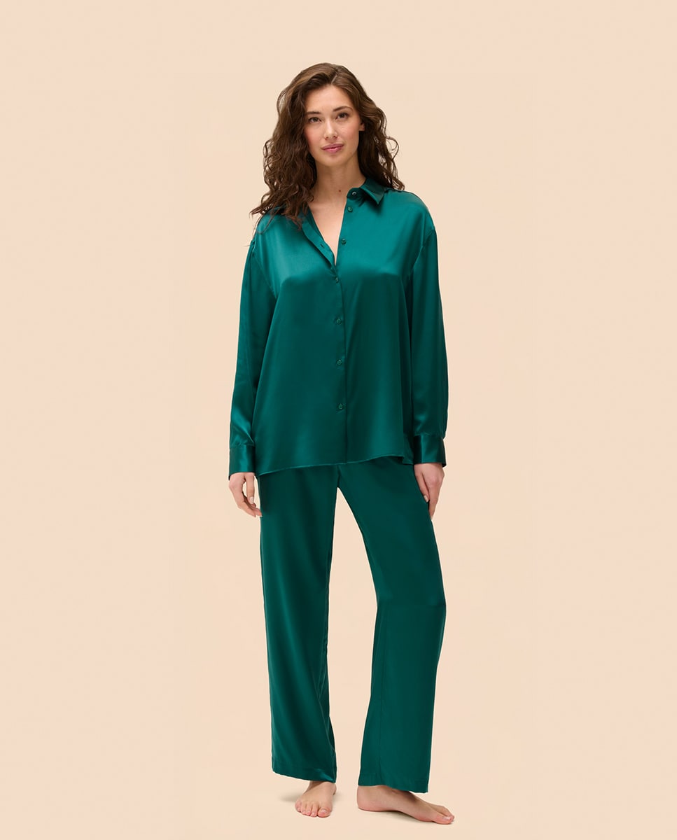 Camisola de Pijama de Seda Fluida Verde-escuro-3