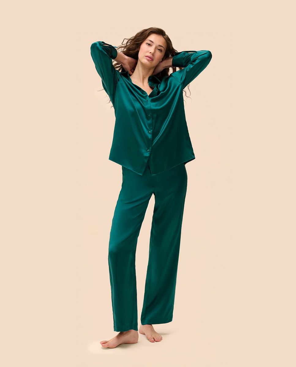 Camisola de Pijama de Seda Fluida Verde-escuro-4