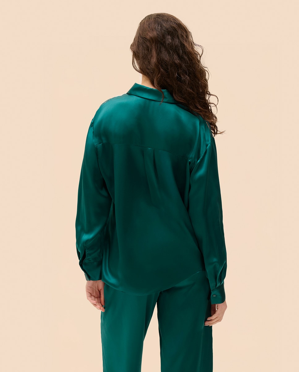 Camisola de Pijama de Seda Fluida Verde-escuro-5