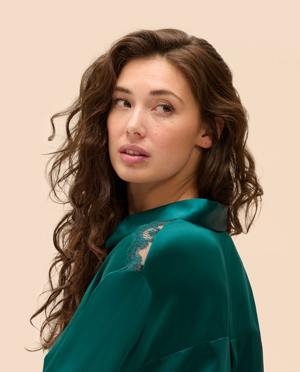 Camisola de Pijama de Seda Fluida Verde-escuro-6